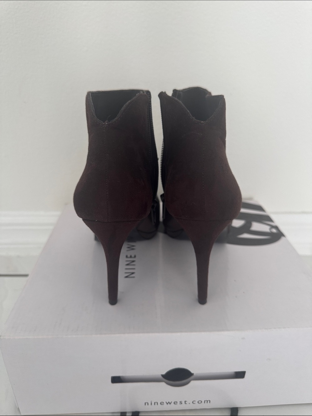 Nine West Dark Brown Peep-Toe Leather & Suede Ankle Boot heels - Picture 3 of 4